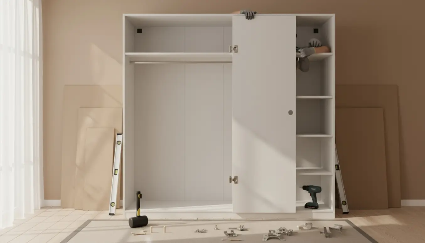 Delvist samlet PAX-lignende garderobe med døre, hængsler og værktøj i et lyst værelse.