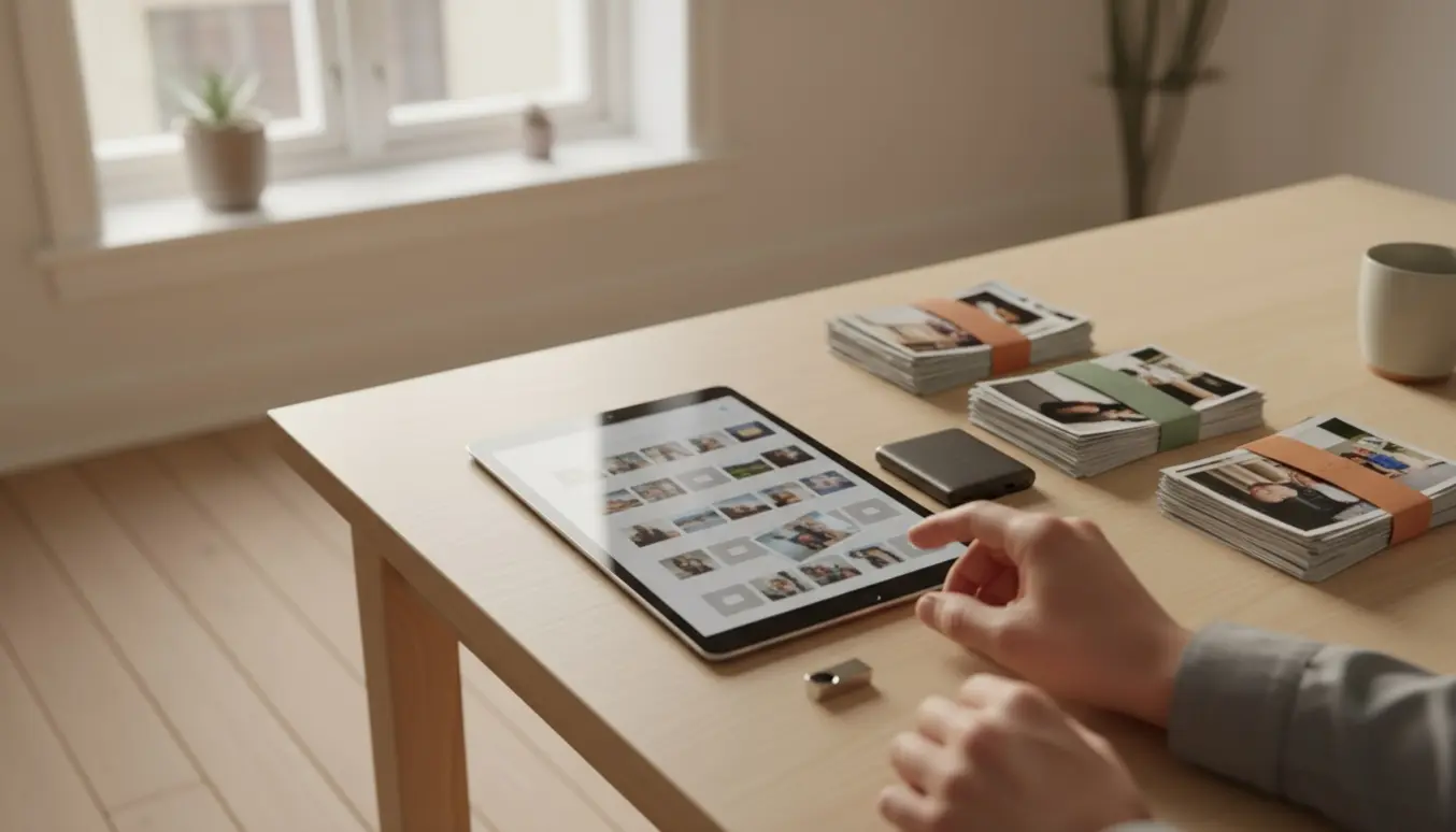 Hænder organiserer foto-thumbnails på en tablet ved et træbord i en lys Frederiksberg-lejlighed med USB-stick og fotostakke.