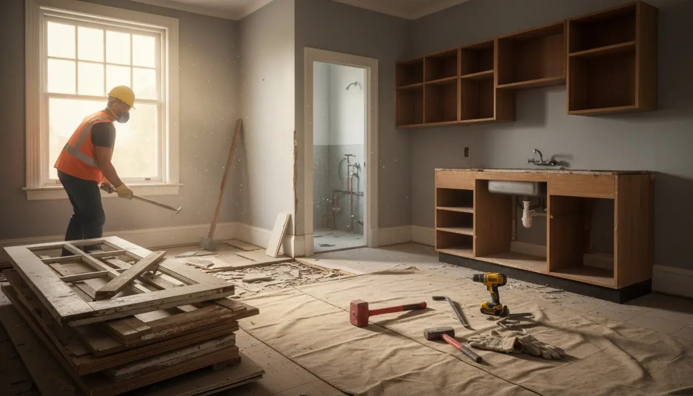 Nedrivningsarbejde i hjemmet med revet køkken og badeværelse, stabler af trædøre og værktøj.