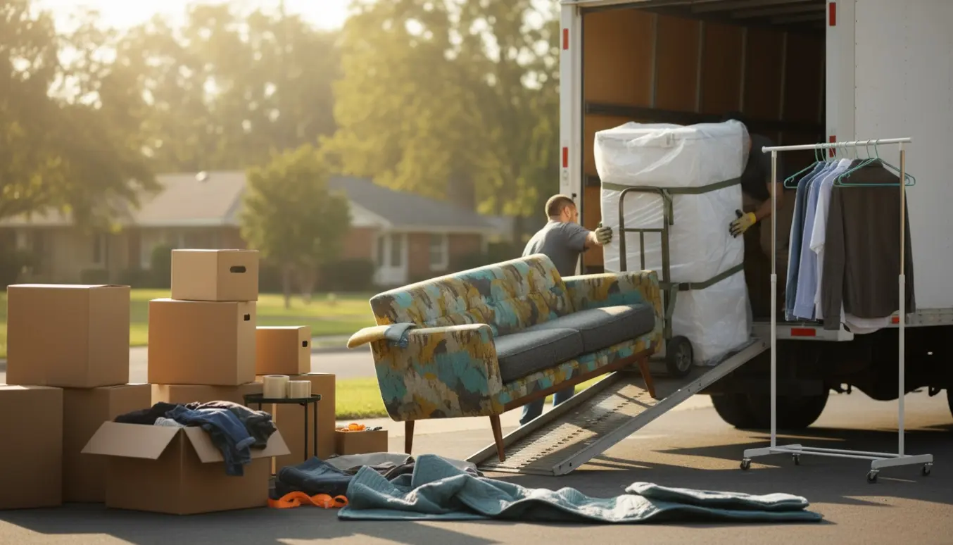 Flytning med sofa på vej ind i en flyttebil, stabler af kasser, tøj og en pakket fryser.