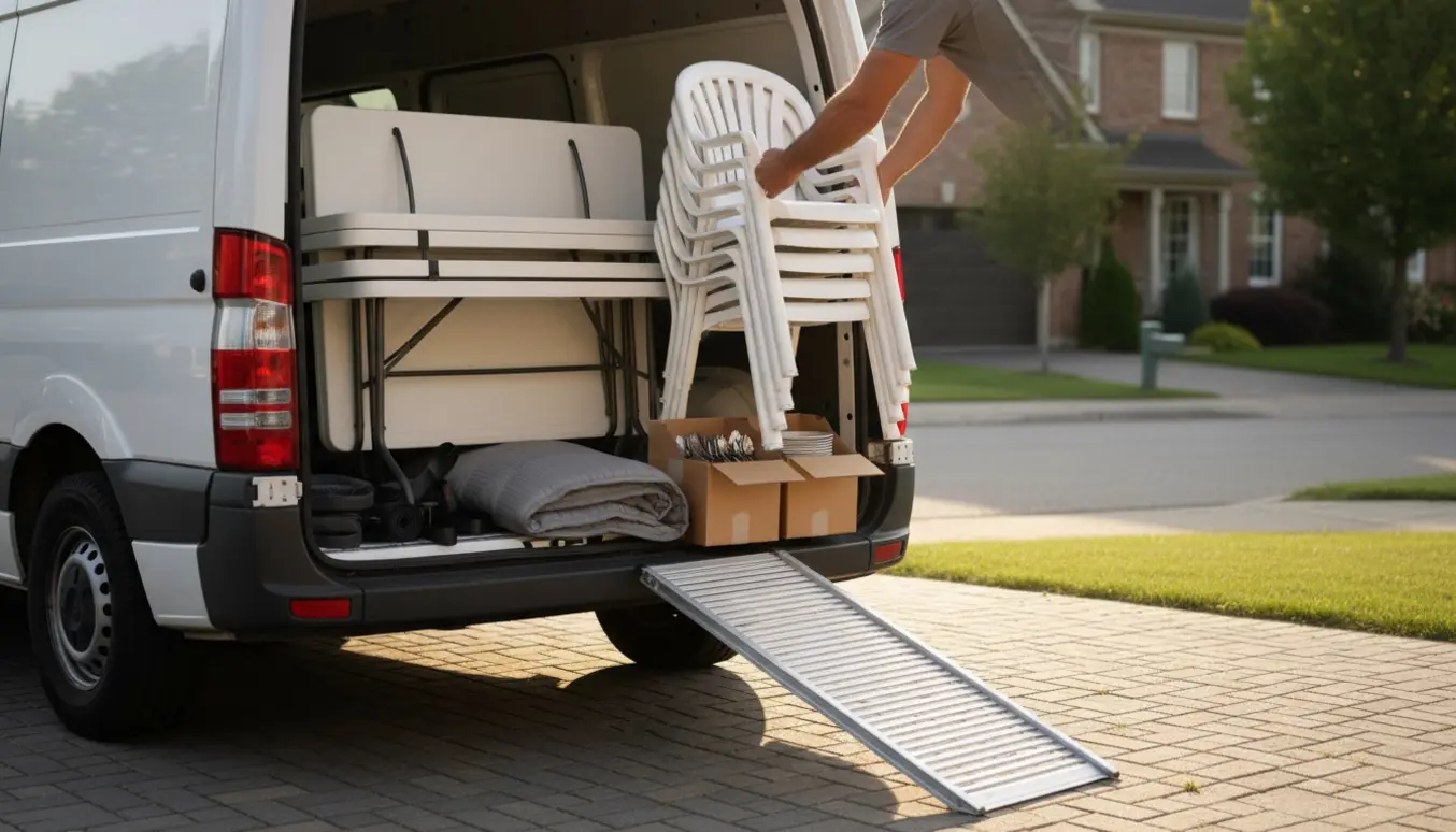 Bagenden af en varevogn med fire sammenklappede plastborde, ti stablede stole og fire små papkasser med service klar til afhentning.