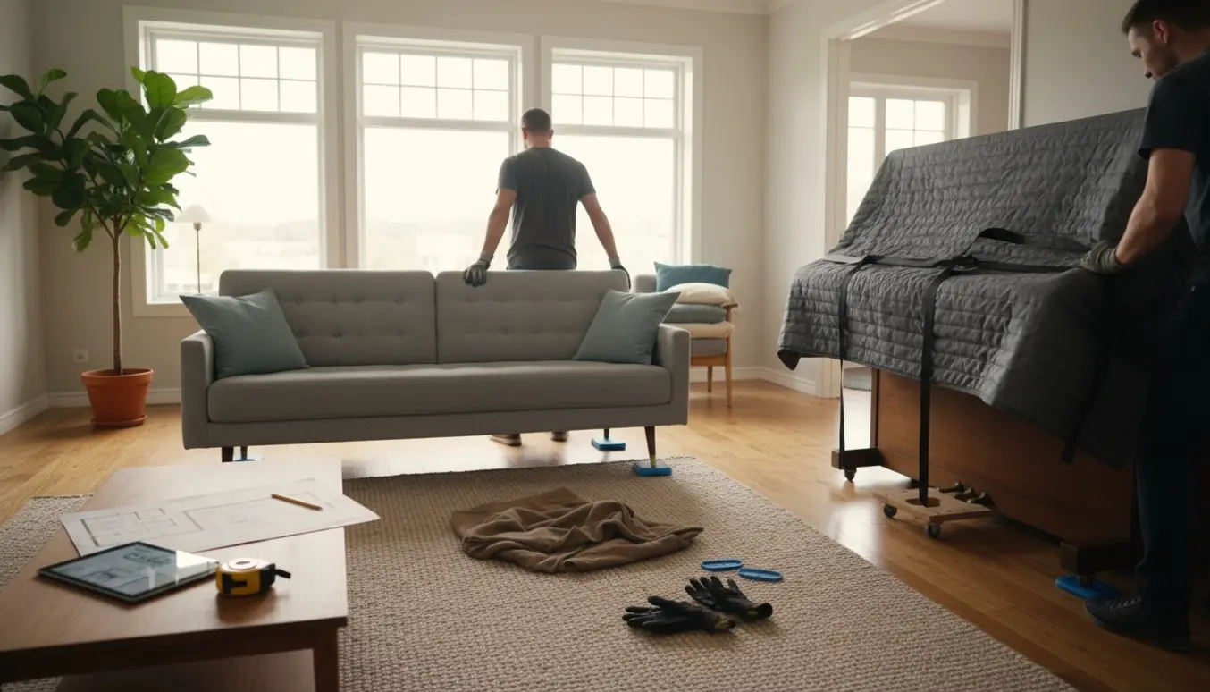 Soloplyst stue hvor møbler flyttes, med et pakket klaver klar til fjernelse.