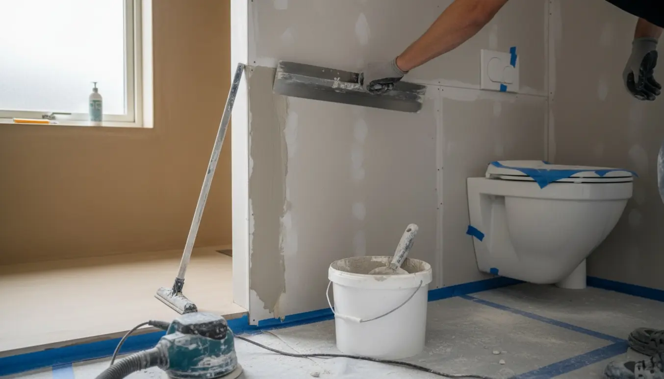 Nærbillede af spartling og slibning af vådrumsvægge omkring en toiletkasse i et lille badeværelse.