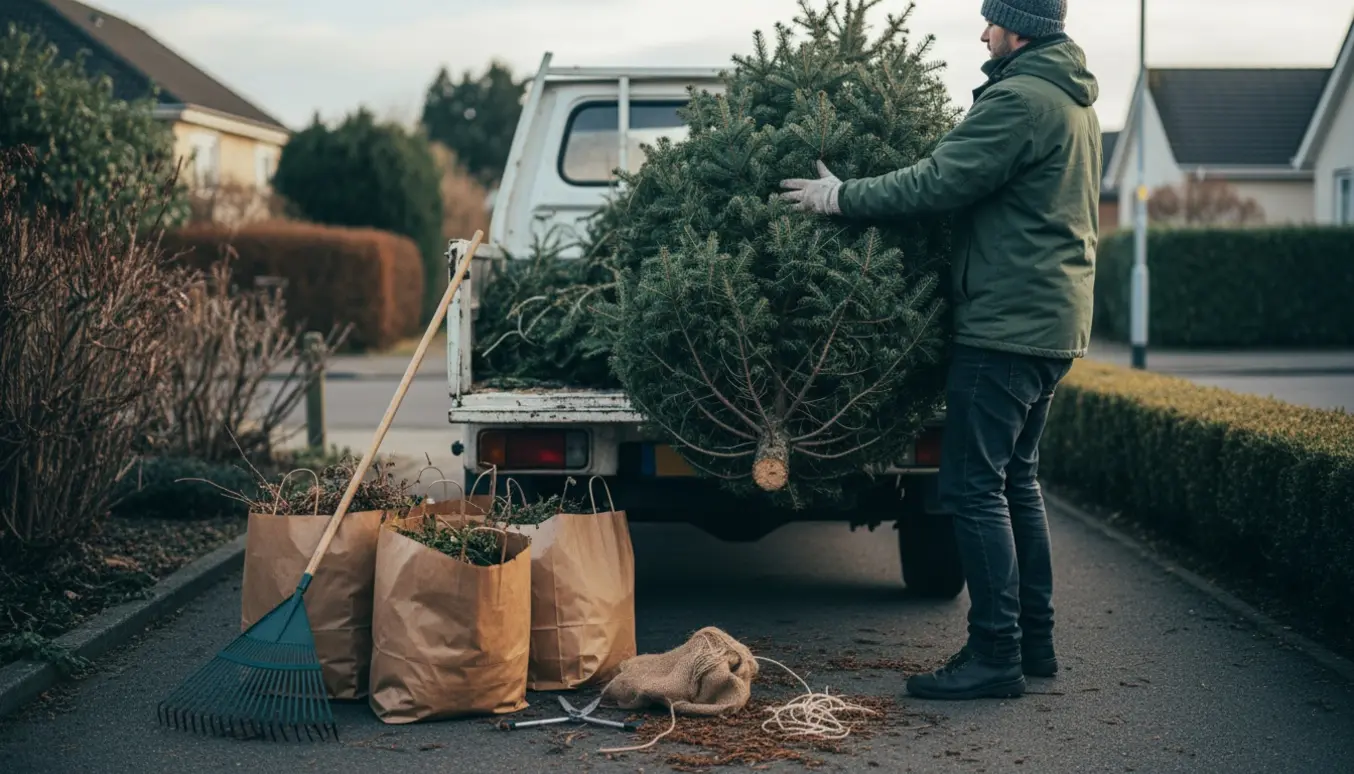 Et brugt juletræ og haveaffald læsses op i en åben pickup ved fortovet.