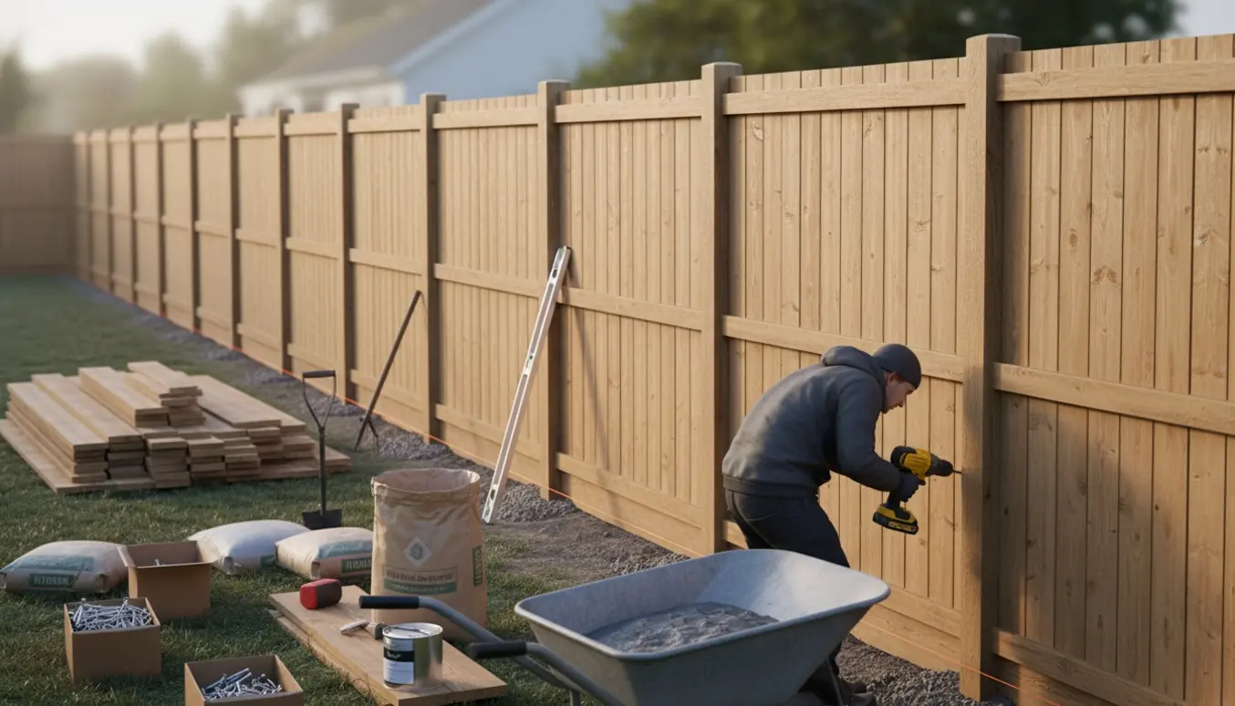 Nyt H-hegn i baghaven med trykimprægnerede stolper, lodrette brædder, værktøj og tørbeton i forgrunden.