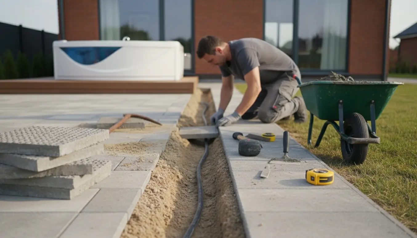 Fortovsreparation ved husmur med løse fliser, bunker af nye fliser og en ledning, der lægges under fliserne ved en installeret jacuzzi.
