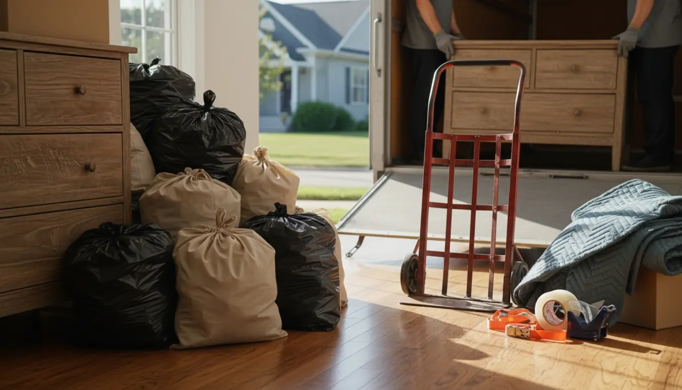 To små kommoder og en bunke fyldte sække ved en åben flyttebil i klart dagslys.