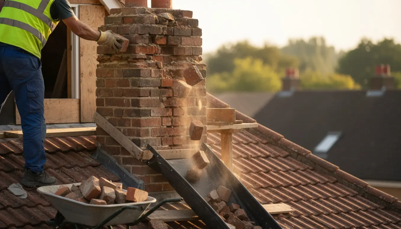 Partielt nedrevet muret skorsten med mursten, der falder gennem et affaldsrør fra et vindue.
