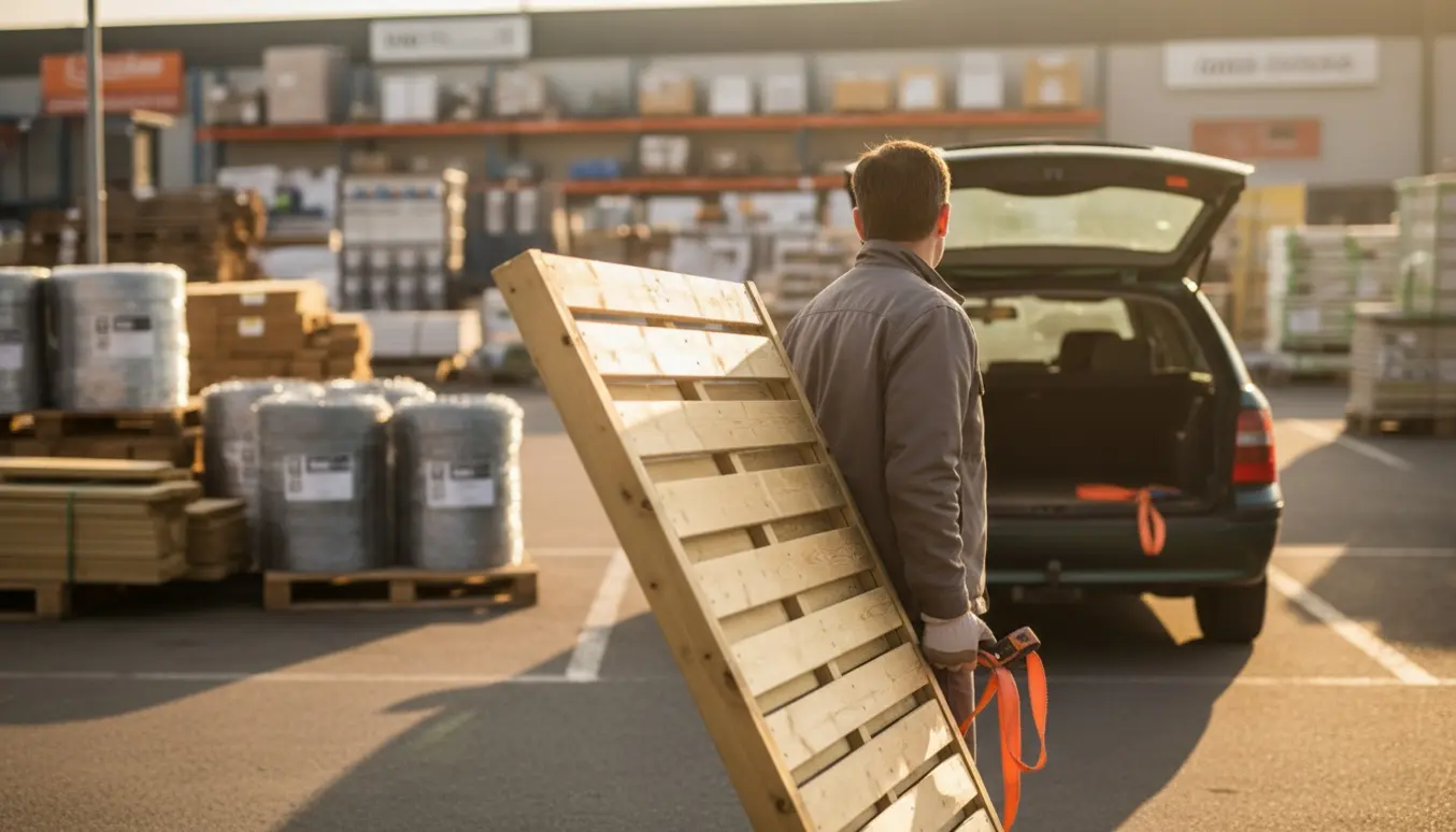 En person bærer et træhegnspanel fra et byggemarked mod en bil i varmt eftermiddagslys.