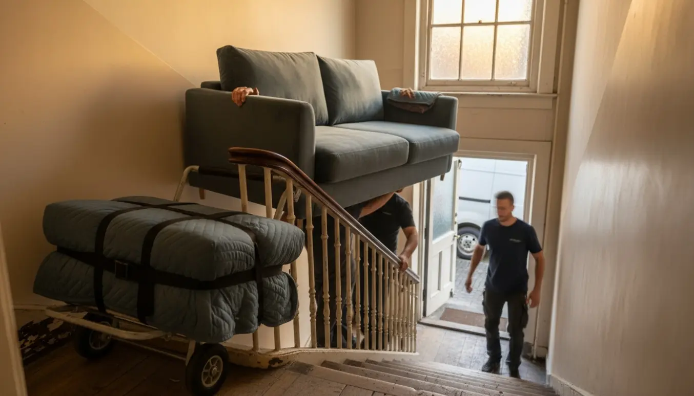 To flyttefolk bærer en delt chaiselong ned ad en opgangstrappe mod en ventende flyttevogn.