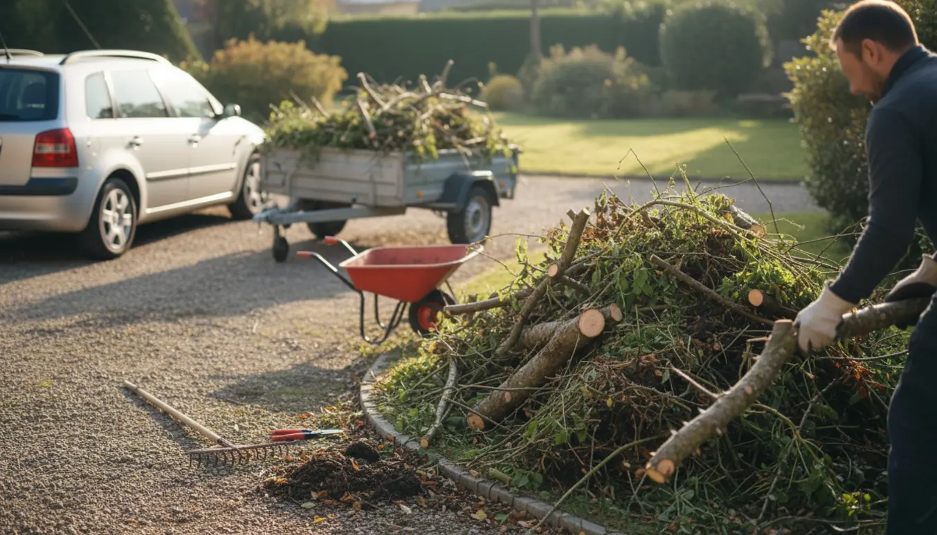 Handskerede hænder læsser grene og ukrudt på en trailer ved en indkørsel.