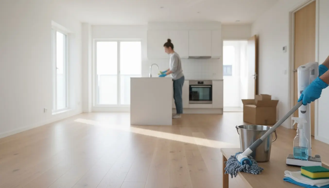 Slutrengøring i en lys, moderne treværelses lejlighed med rengøringsudstyr og flyttekasser.