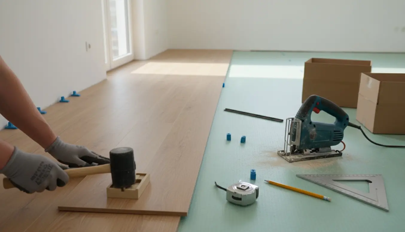 Delvist lagt laminat klikgulv i et lyst rum med underlag, planker og værktøj klar til montering.