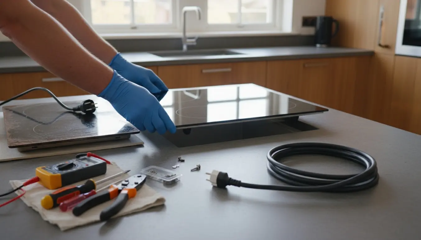 Hænder installerer en induktionskogeplade i en bordplade med kabel og værktøj ved siden af.