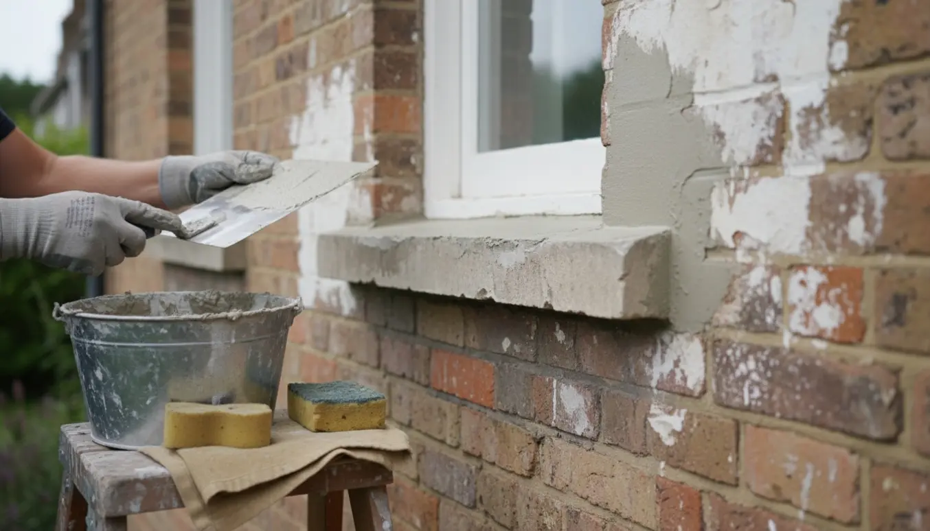 Murer reparerer puds omkring et vindue på en ydervæg med murske og hawk, fokus på hænder og værktøj.