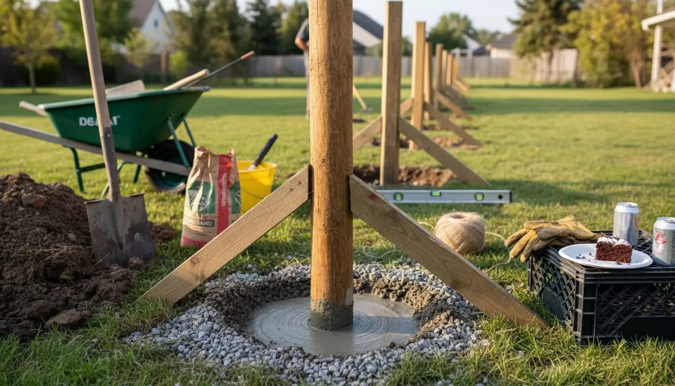 Opsætning af hegnsstolper med frisk støbt beton, værktøj og forfriskninger i baggrunden.
