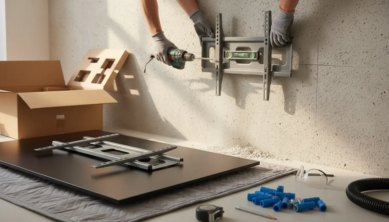 Montering af et 65 tommer fjernsyn på en gasbetonvæg med beslag, boremaskine og rawlplugs.