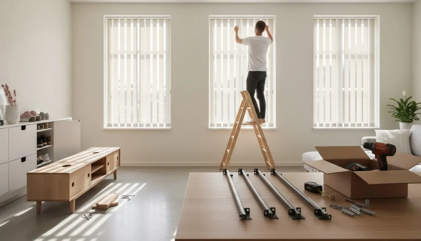 Lys skandinavisk stue med tre lamelgardiner, gardinstænger, værktøj, tv-bord og skoskab klar til montering.