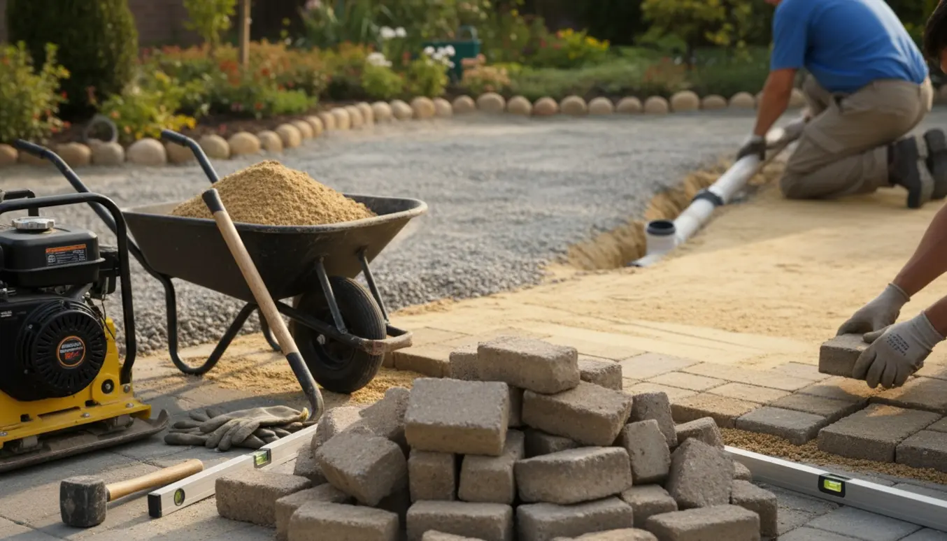 Stabler fliser og håndværker, der omlægger belægning på forbedret underlag ved en åben rende til kloak.