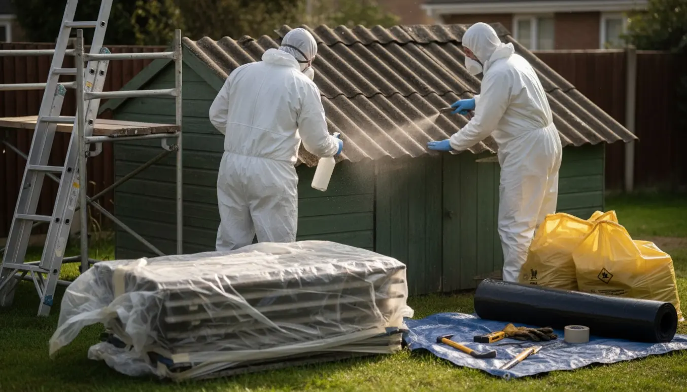 To personer i beskyttelsesdragt fjerner og indpakker våde etanit-plader fra et lille skur.