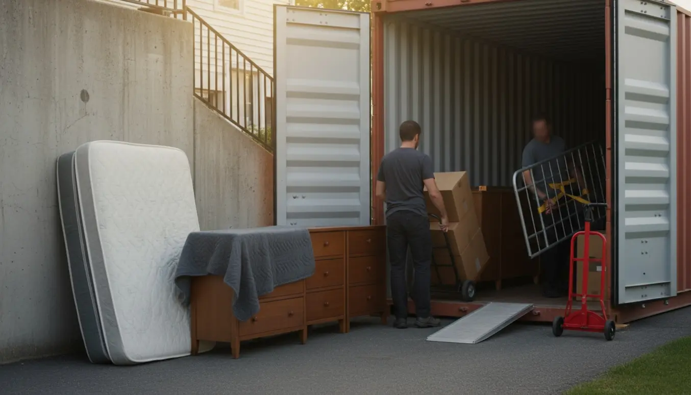 Flyttefolk bærer møbler fra en kælder op ad trapper og ind i en åben opbevaringscontainer på grunden.