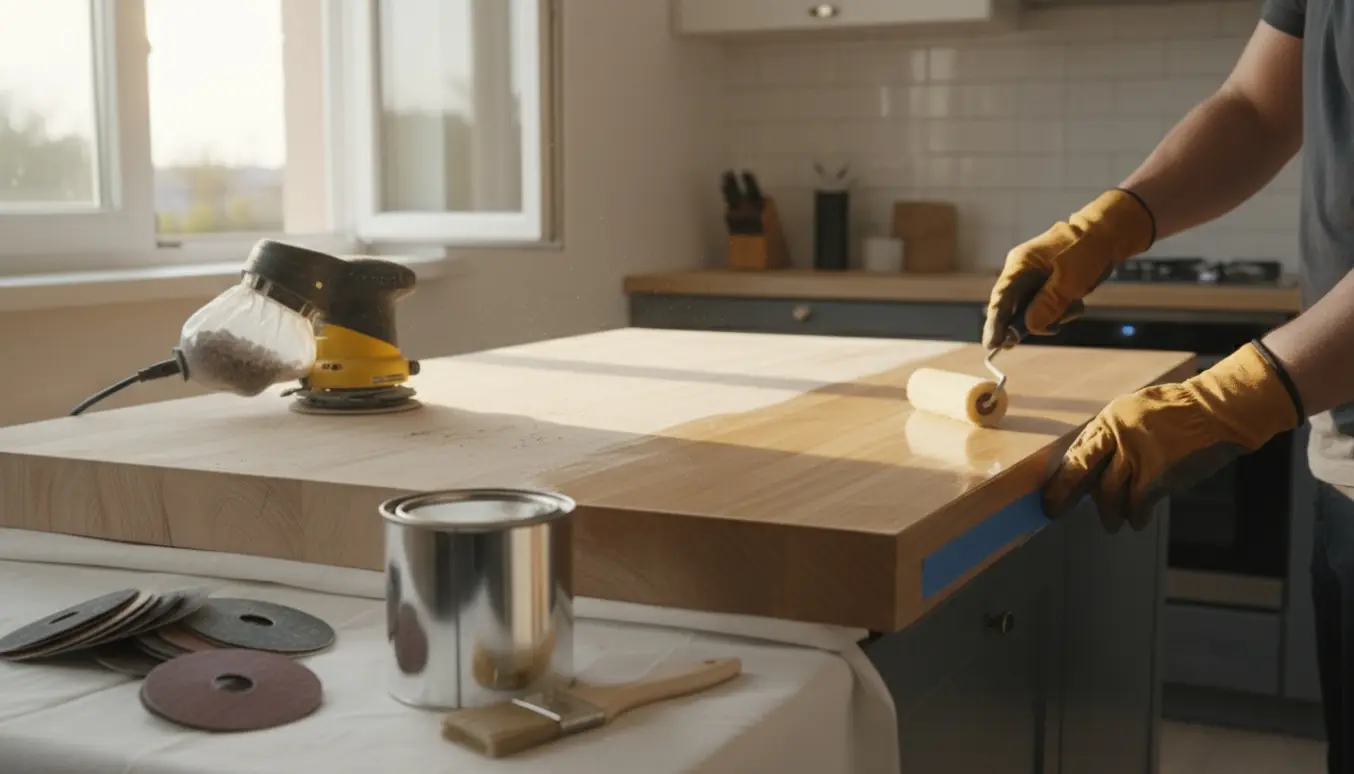 Køkkenbord under slibning og lakering med værktøj og handsker på beskyttende underlag.