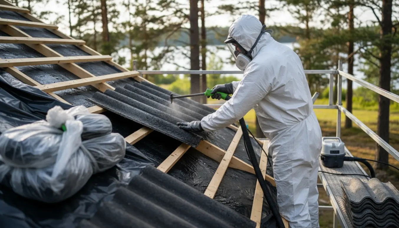 Person i beskyttelsesdragt fjerner og indpakker eternitplader fra et sommerhus.