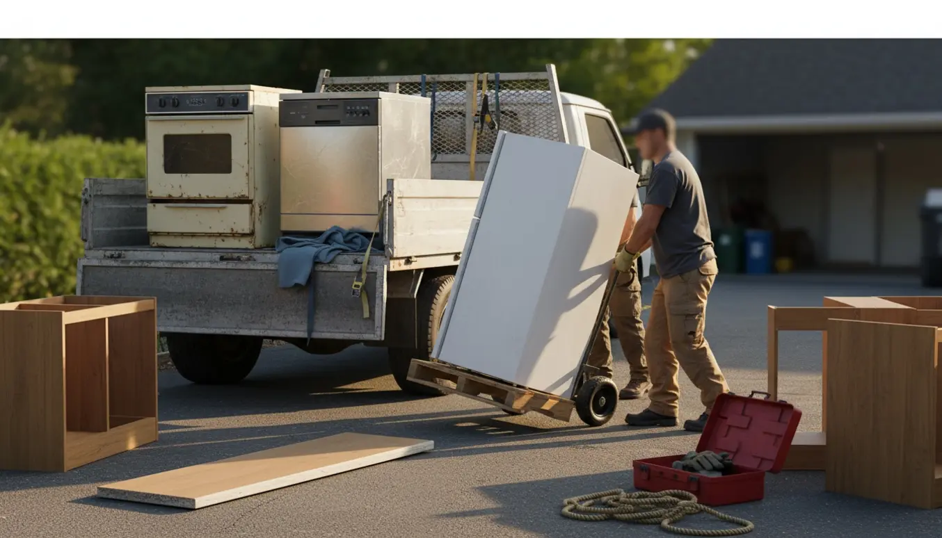 En varebil lastet med gamle hvidevarer og køkkenelementer ved en indkørsel, klar til storskrald.