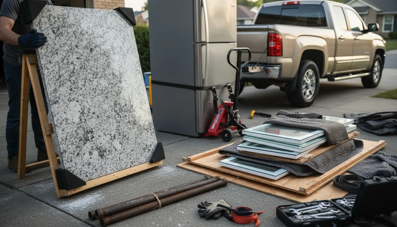 Køkkenaffald—granitbordplade, køleskab, jernrør og indbundne glasdøre klargjort til afhentning på indkørsel.