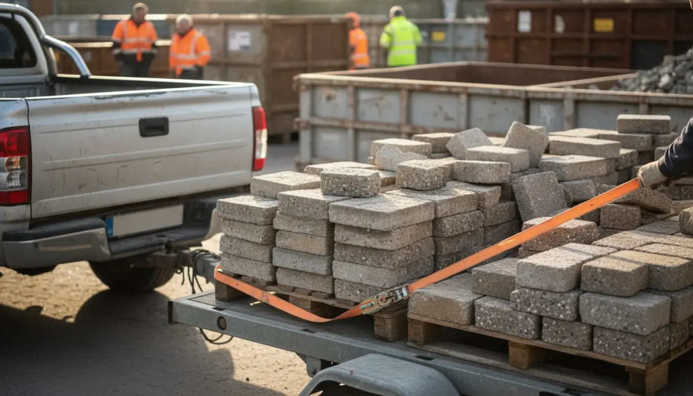 Trailer læsset med betonsten sikret med stropper ved en genbrugsplads.
