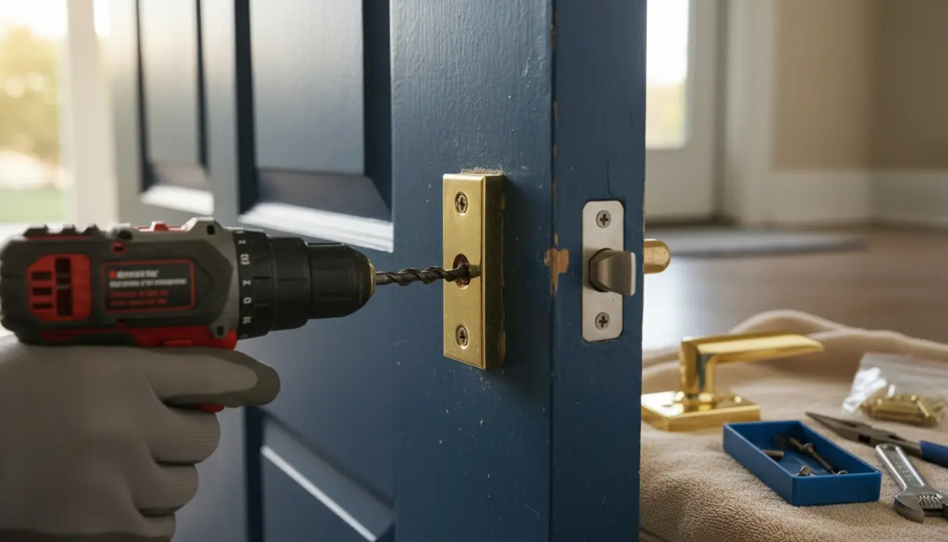 Hænder fjerner en ødelagt skrue for at udskifte hoveddørens håndtag.