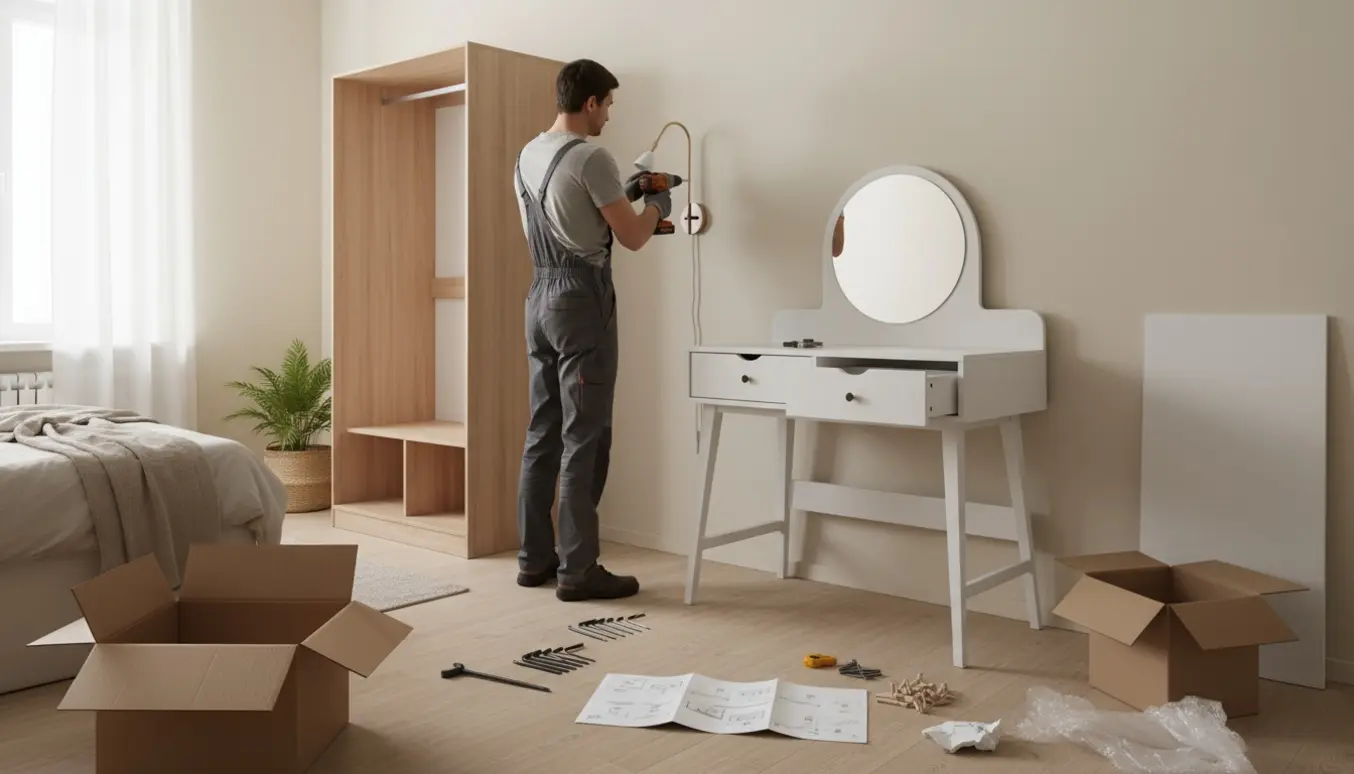 Håndværker samler et makeupbord og monterer en lampe i en lille lejlighed med flade pakker og værktøj.