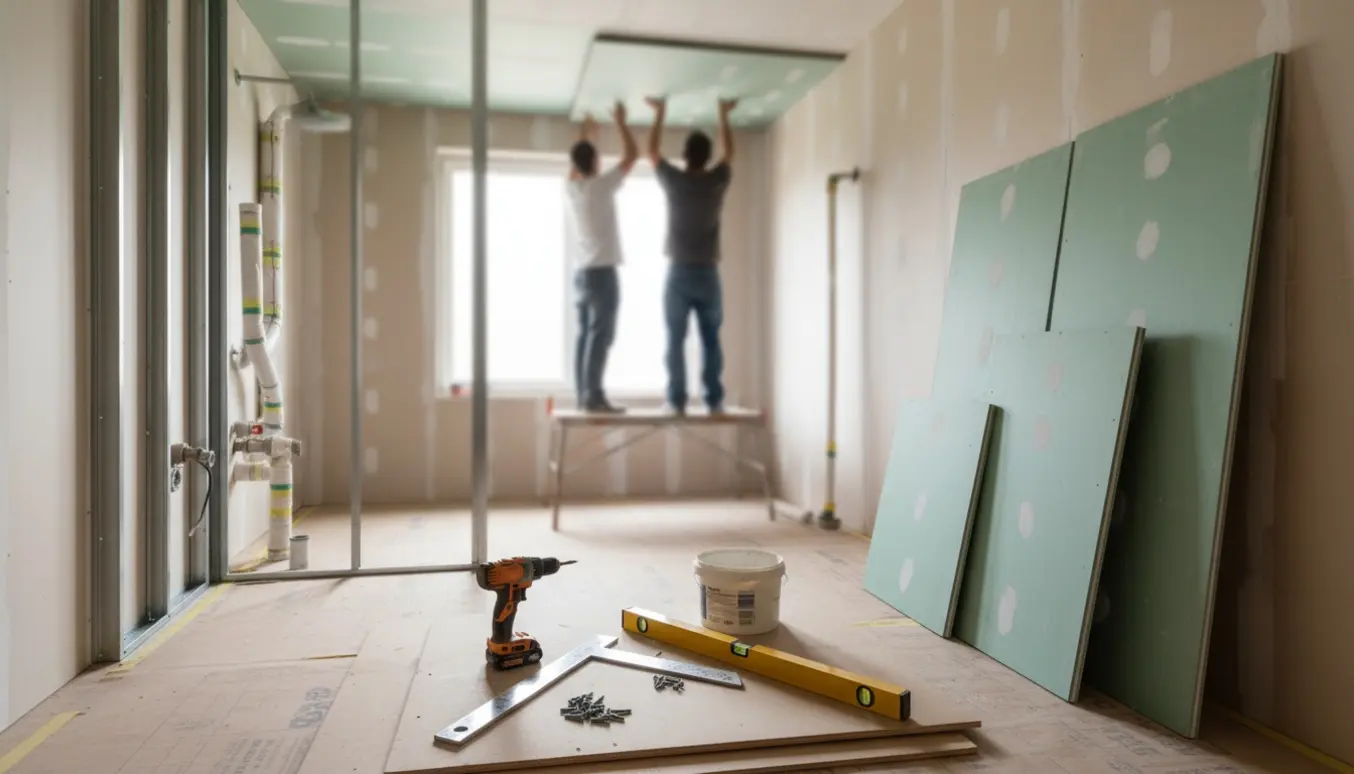 Badeværelse under renovering med opsatte vådrumsgipsplader, metalstivere og værktøj.