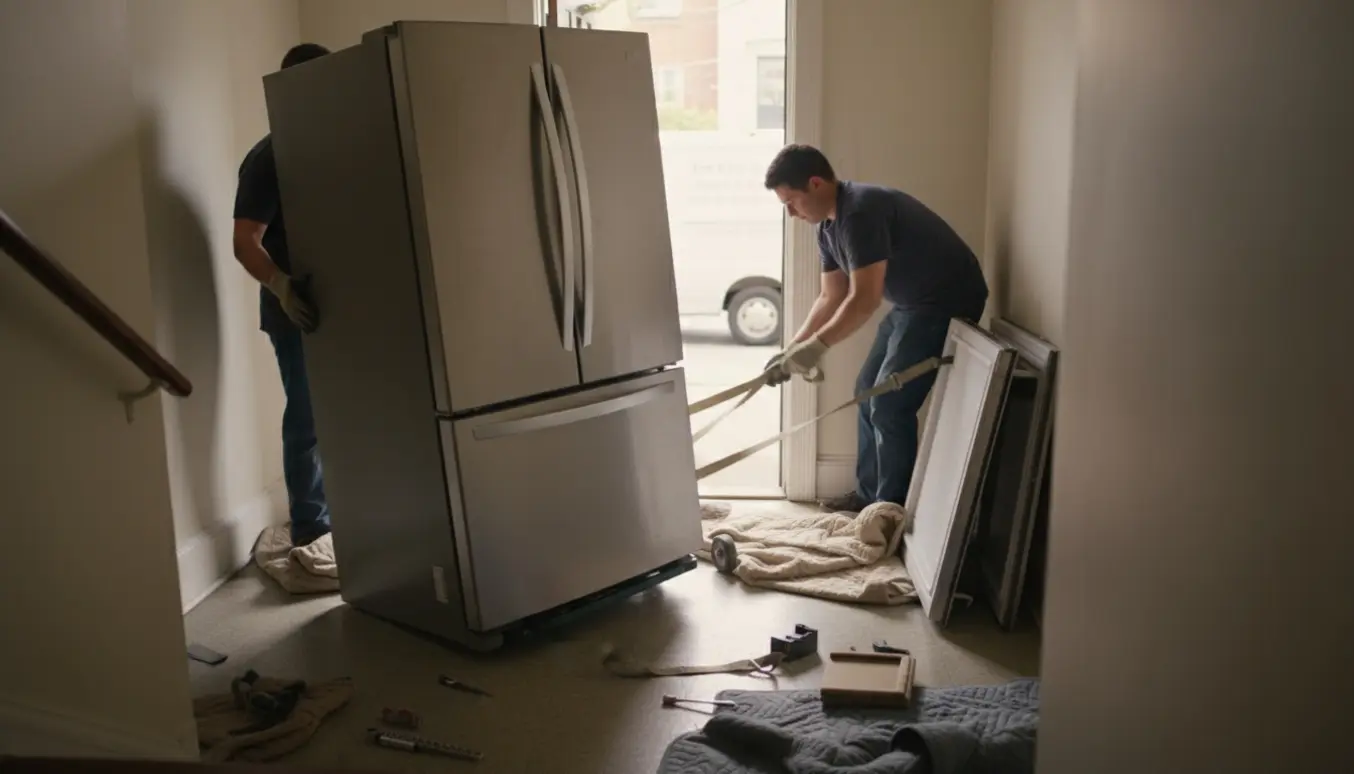 Et side-by-side køleskab uden døre bliver forsigtigt båret på en transportvogn ned ad en smal trappeopgang.
