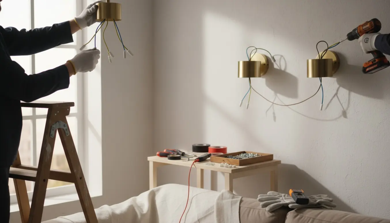Hænder på en stige monterer en loftlampe, mens to væglamper og værktøj ligger klar i et lyst hjem.