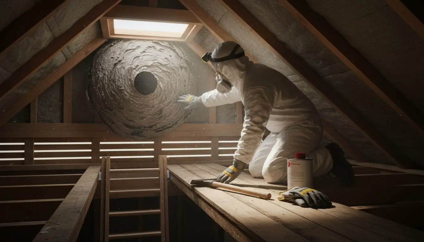 En person på loftets gangbro fjerner et stort hvepsebo på indersiden af gavlen over ventilationsspalter.