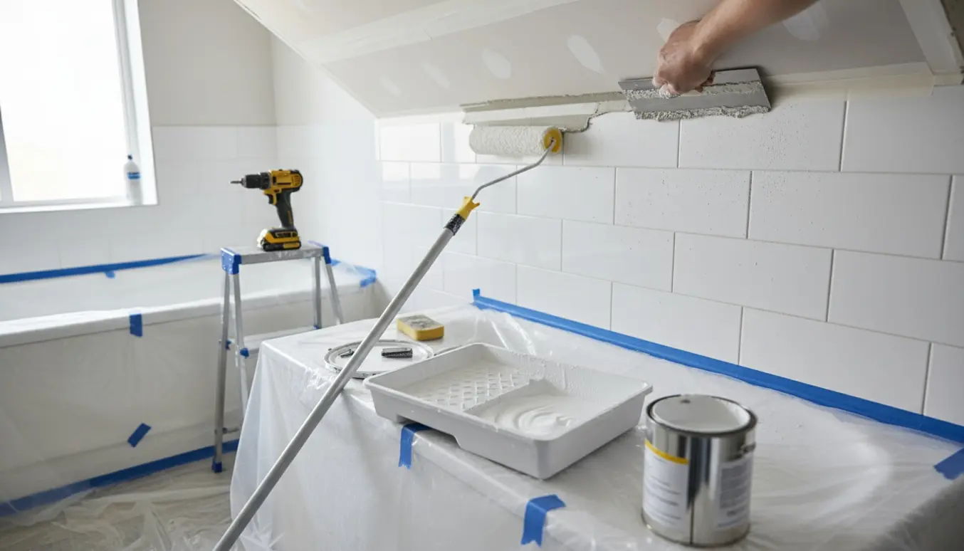 Nærbillede af reparation af hul i gipsloft i badeværelse med spartel, filt og hvid vådrumsmaling.