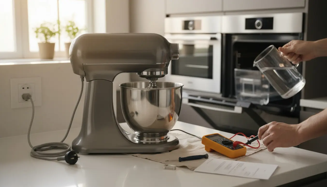 Nærbillede af et køkken med en stor rustfri røremaskine og åben ovn, hænder fylder ovnens vandbeholder og bruger et multimeter til at teste stikket.