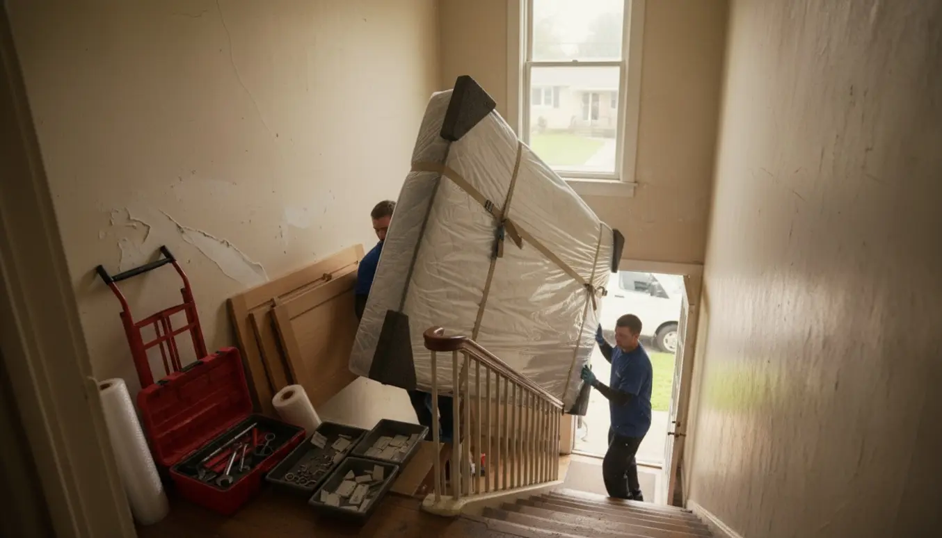 Flyttefolk bærer en indpakket 210x210 cm seng ned ad en trappe med værktøj og flytteudstyr omkring dem.