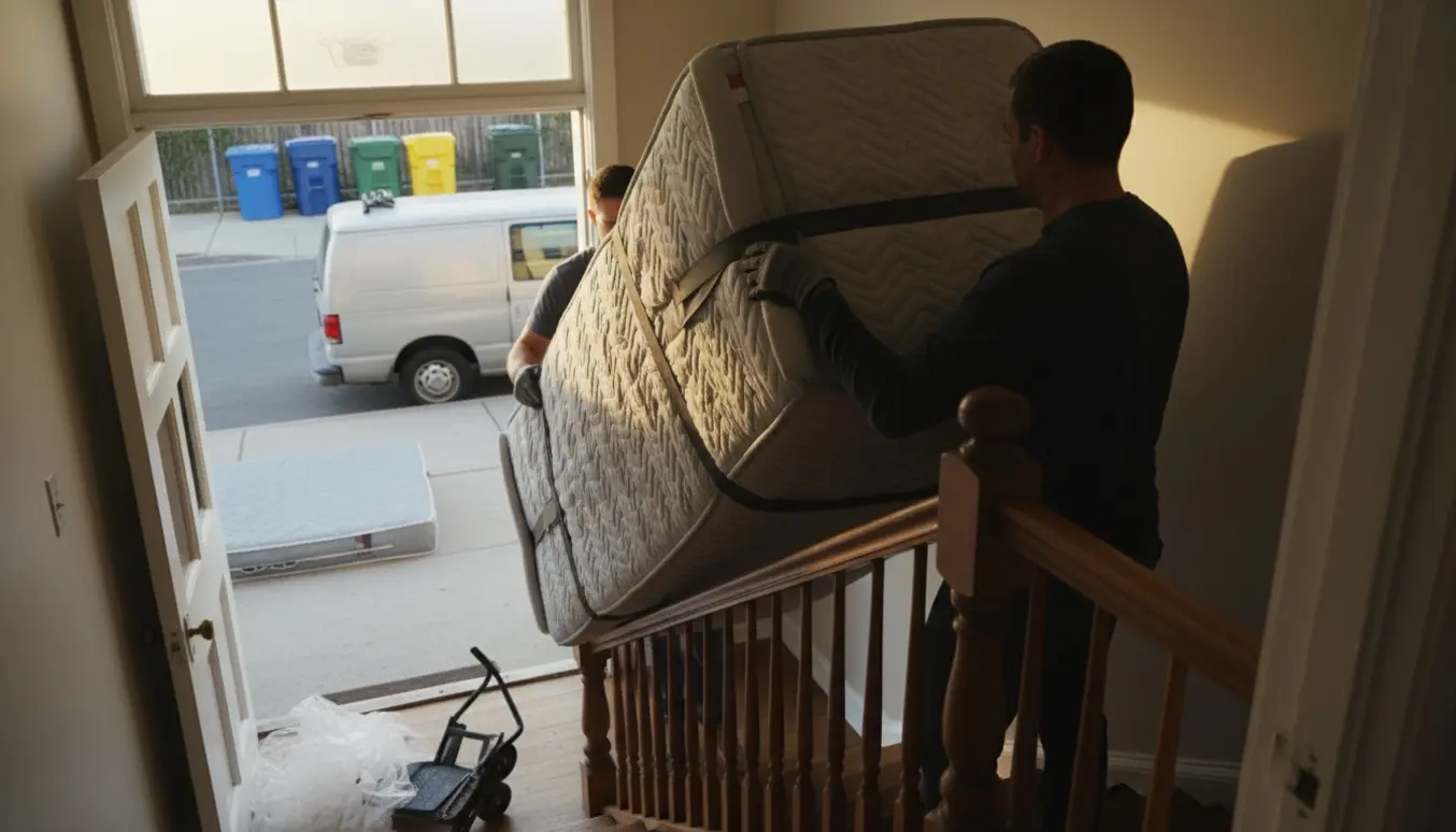 To personer bærer en boxmadras ned ad opgangsstaircase mod en åben varebil med en genbrugsstation synlig i baggrunden.