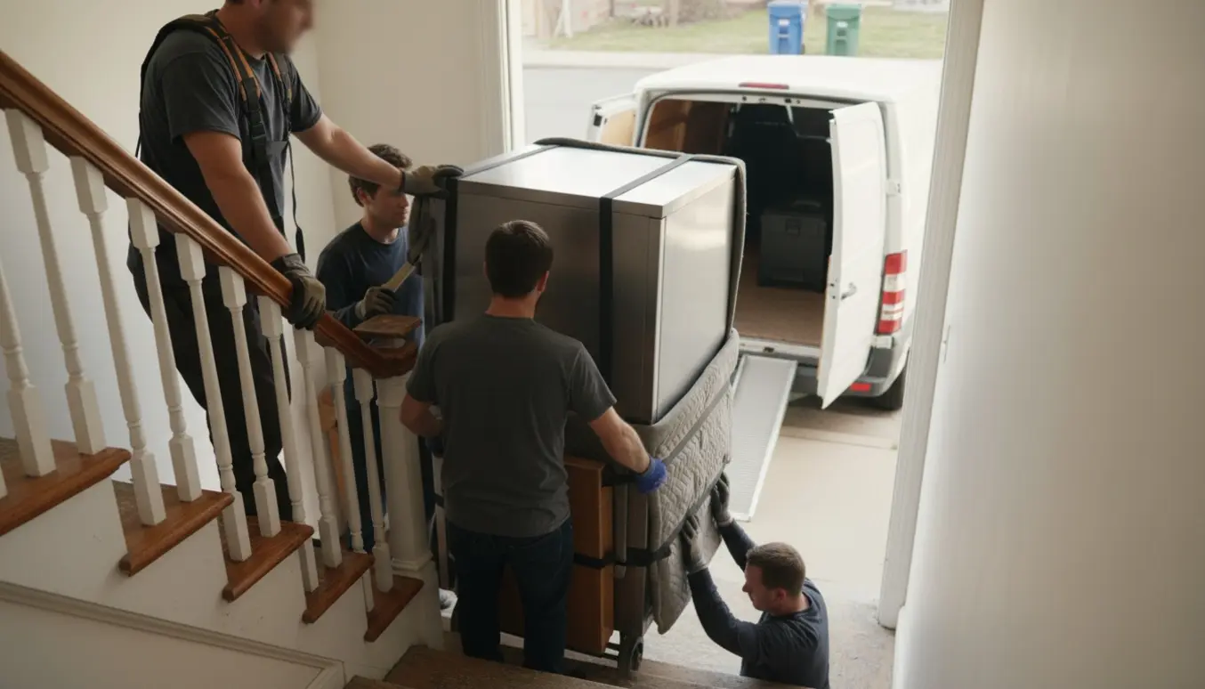 Flyttemænd bærer et højt køleskab ned ad en boligtrappe mod en varevogn med flyttetæpper og surringsremme.