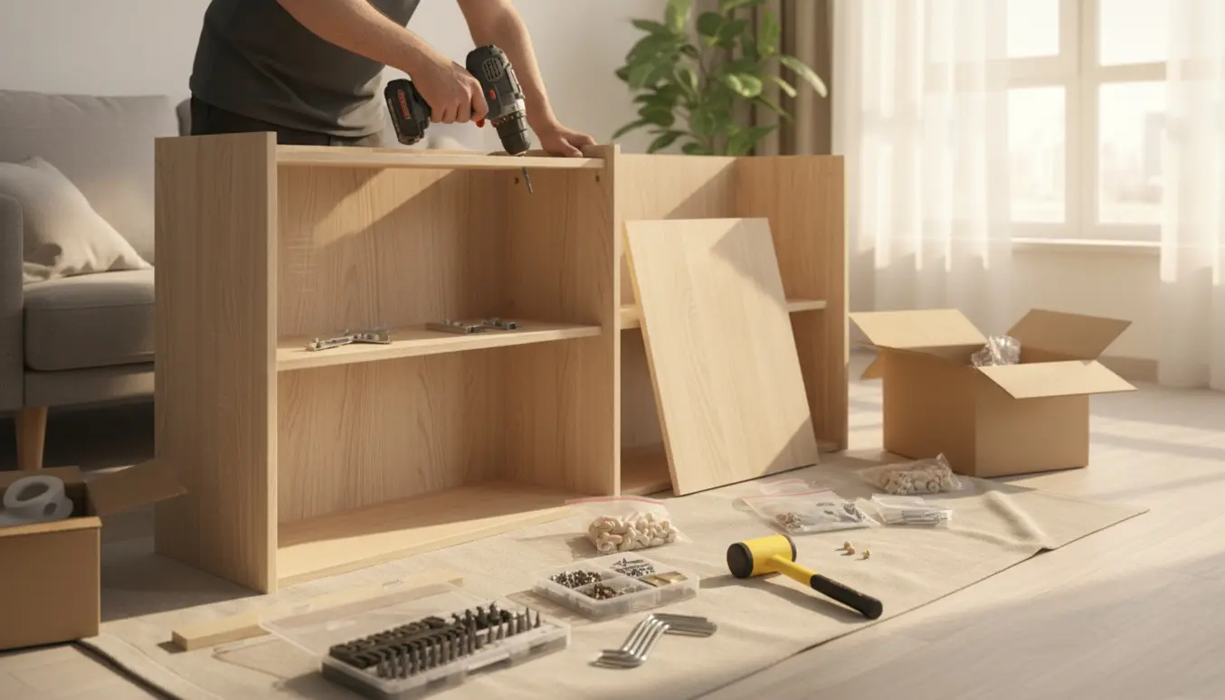 Hænder samler et fladpakket træmøbel i en lejlighed med en skruemaskine og bit-sæt i forgrunden.