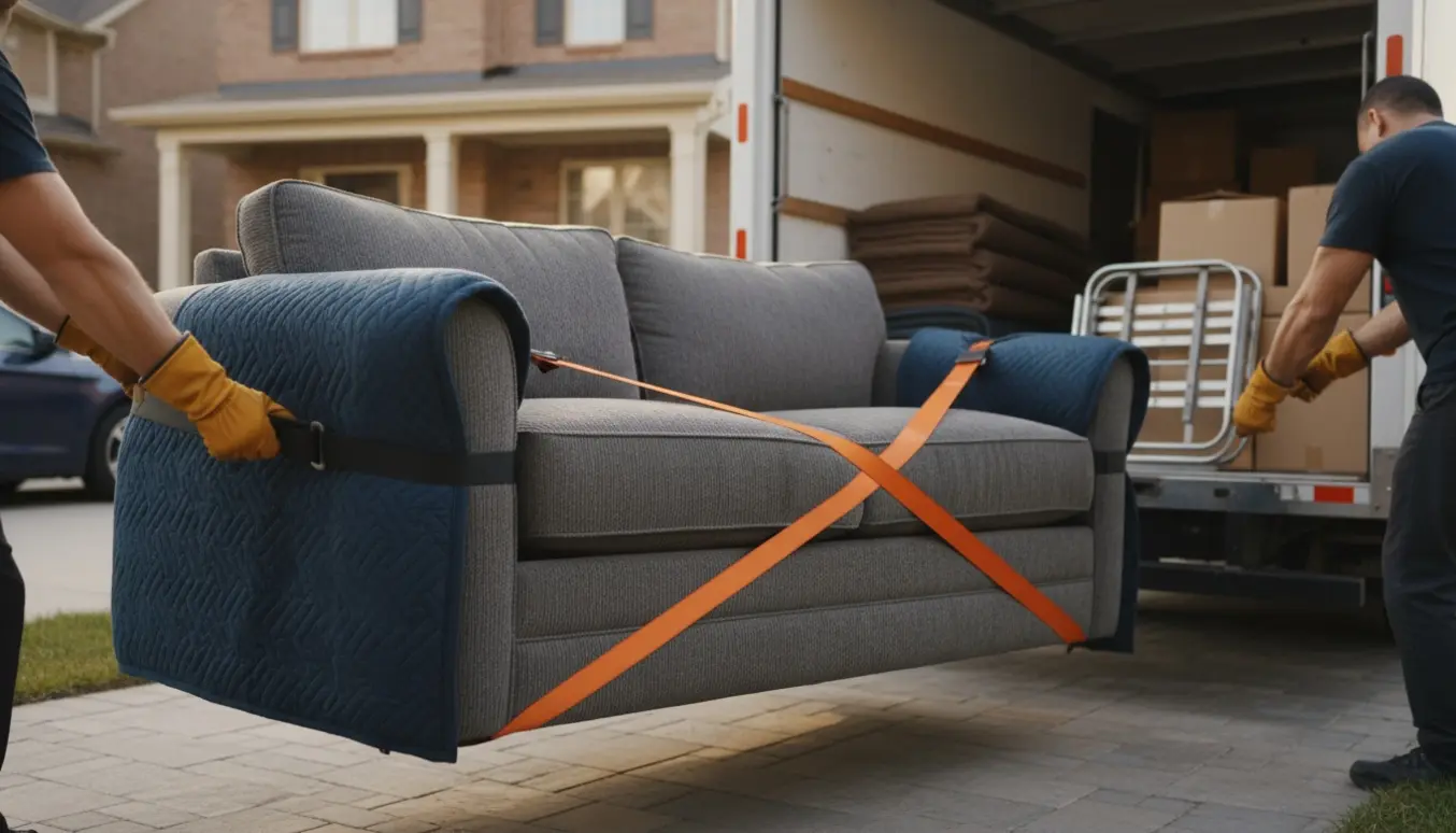 Tung sofa bæres fra en varebil over indkørslen mod husets indgang af to personer.