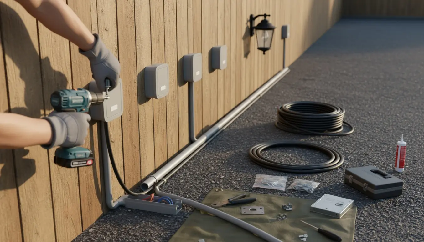 Udendørs installation af fire el-udtag og montering af lampe på træhegn i en indkørsel.