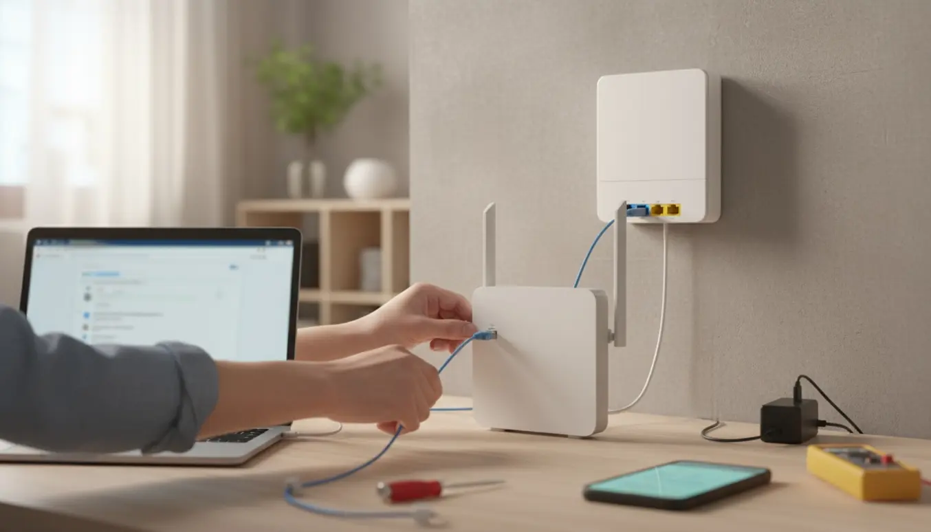 Hænder forbinder en router til en vægmonteret fibernetboks i et lyst, moderne hjem.