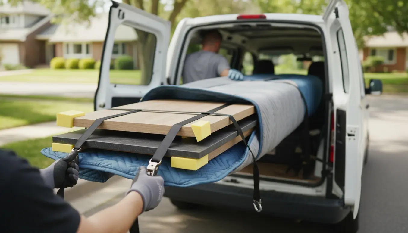 To bordplader pakket i tæpper og sikret med stropper på en varevogn, klar til lokal transport.