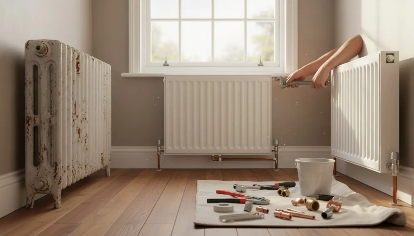 Hænder monterer en ny radiator på 1. sal i et rækkehus med værktøj og en gammel radiator ved siden af.