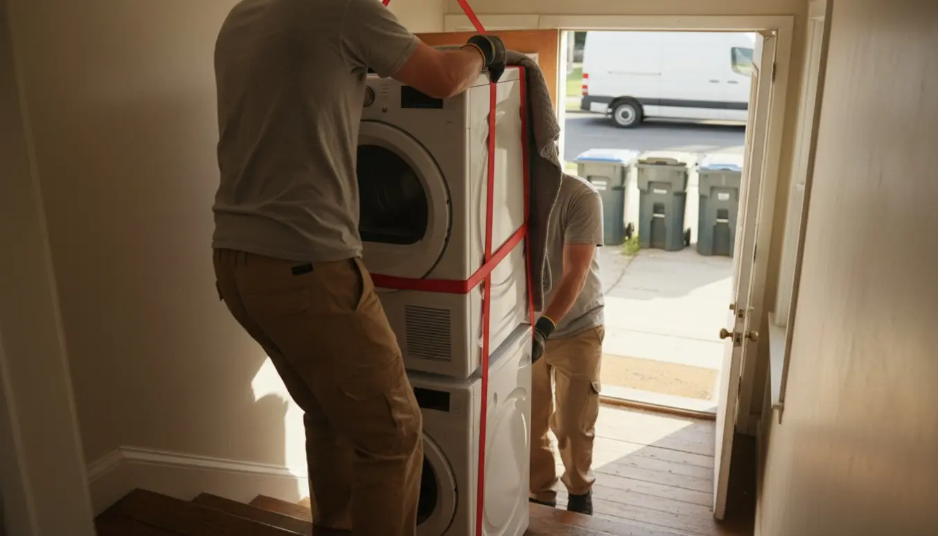 To personer bærer en tørretumbler ned ad en trappe mod en åben varebil ved genbrugspladsen.