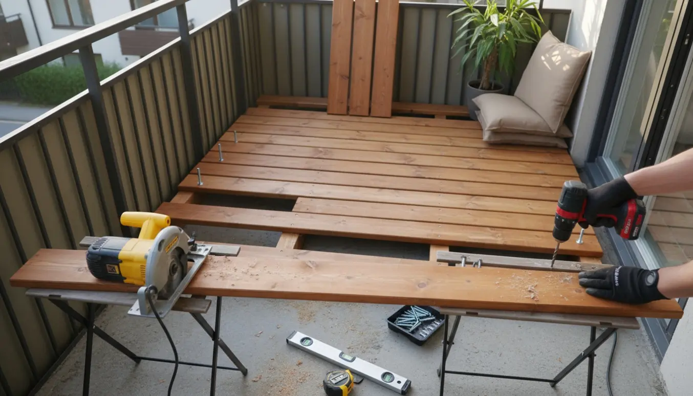 Lille altan med delvist lagt trægulv på beton, synlige strøer og værktøj i naturligt dagslys.