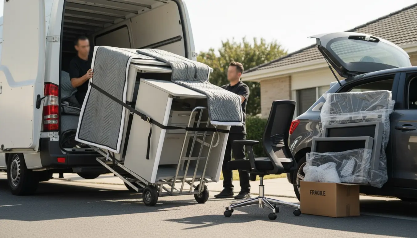 Flyttefolk laster tre store skriveborde, en kontorstol og indpakkede 27" skærme ind i en flyttebil ved middagstid.